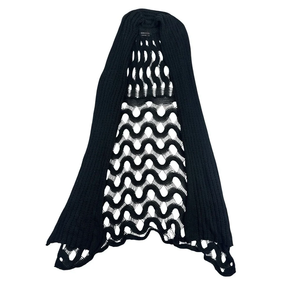 BCBG Draped Open Knit Tank Duster Waterfall Scarf Black Crochet Boho Longline XL